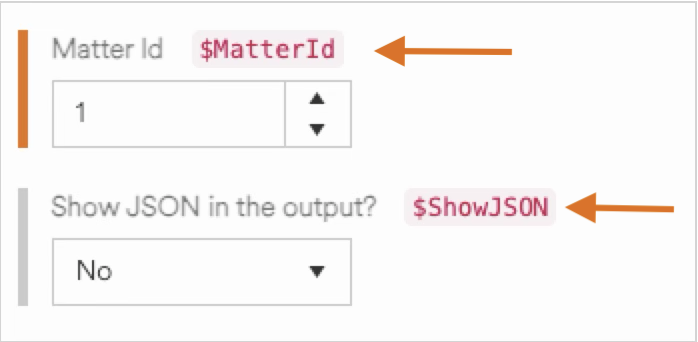Input fields for Matter Id and JSON output options with highlighted variables.